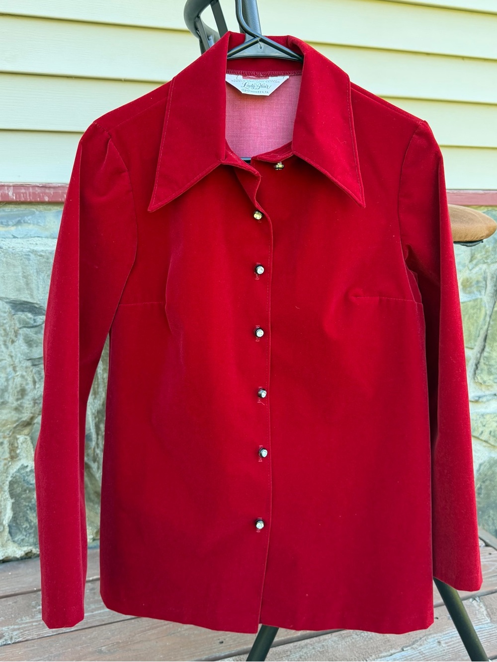 Vintage Red Crushed Velvet Button-Down Shirt by Lady Blair Retro Lapel